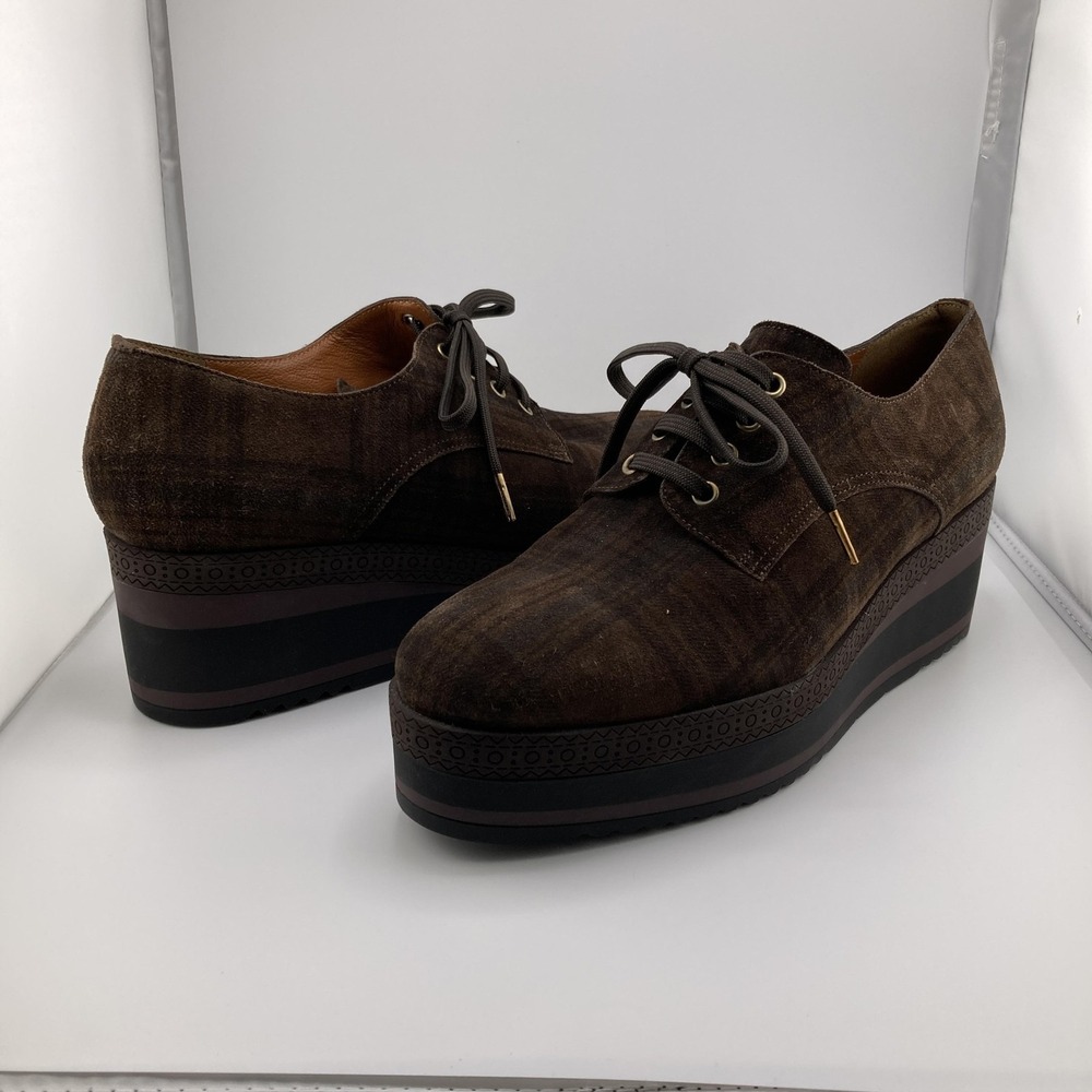 Pons Quintana Platform Oxford Wedge Shoes Womens Size 39 Brown Suede Lace Up